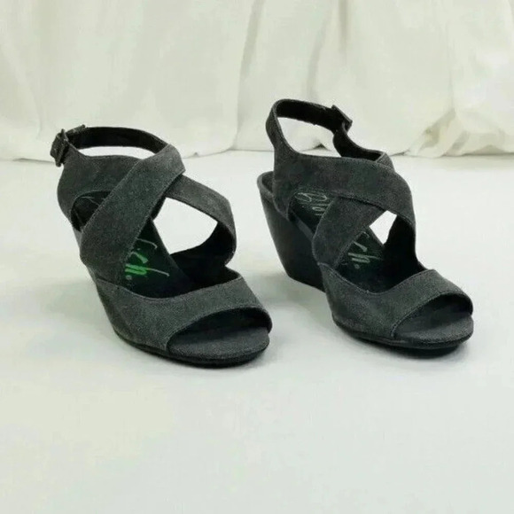 Blowfish Sz 9 Womens Charcoal Gray Denim Canvas Cross Strap Wedge Heel Slingback - Picture 7 of 12